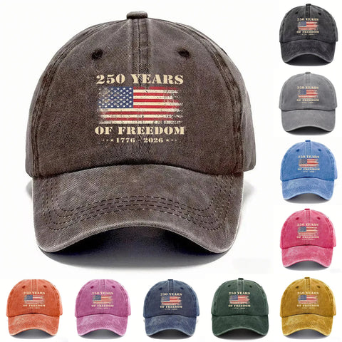 Patriotic 250 Years Baseball Cap Vintage Flag Print Dad Hat Freedom Graphic Adjustable Distressed Headwear Commemorative Cap